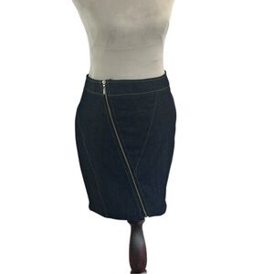 Poema Dark wash Denim Pencil Skirt Azimmetrical Zip front Midi Sz M